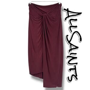 AllSaints Sami Draped Midi Skirt Oxblood Knot Front Cupro 8 Sleek Capsule Luxe